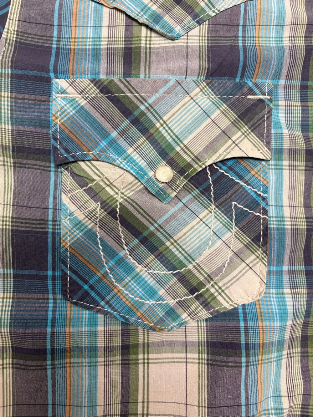 True Religion Men's Short-Sleeve Plaid Button-Down Shirt - Teal/Gray/White